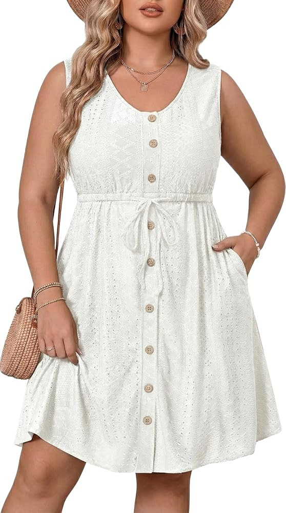Talisea Plus Size Summer Dresses - Casual Beach Eyelet Sleeveless Tank V Neck Button Down Swing S... | Amazon (US)