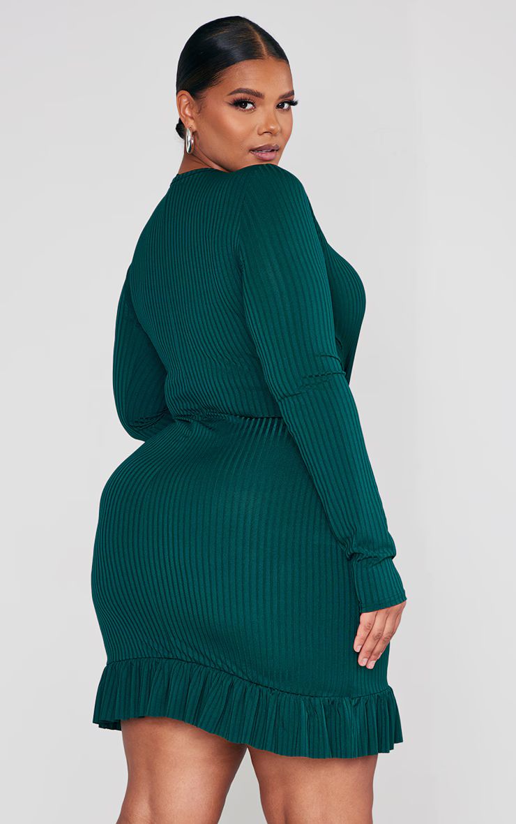 Plus Emerald Green Rib Frill Hem Bodycon Dress | PrettyLittleThing US