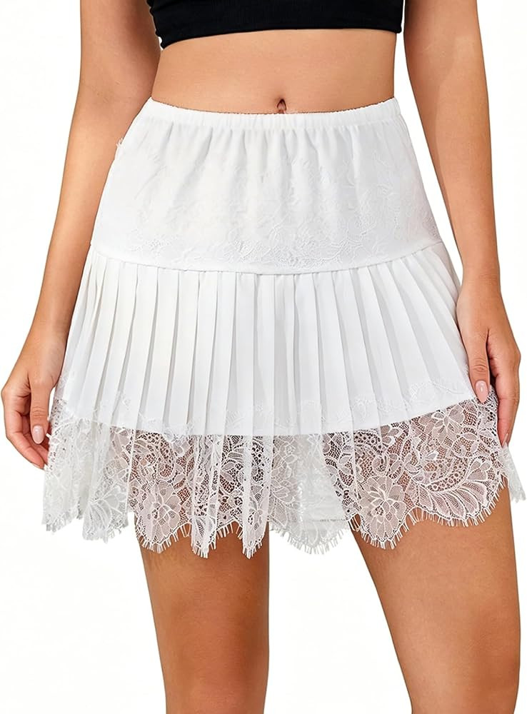 BJhaz Women Y2K Lace Mini Skirt Ruffle Pleated Half Slip Skirts | Amazon (US)