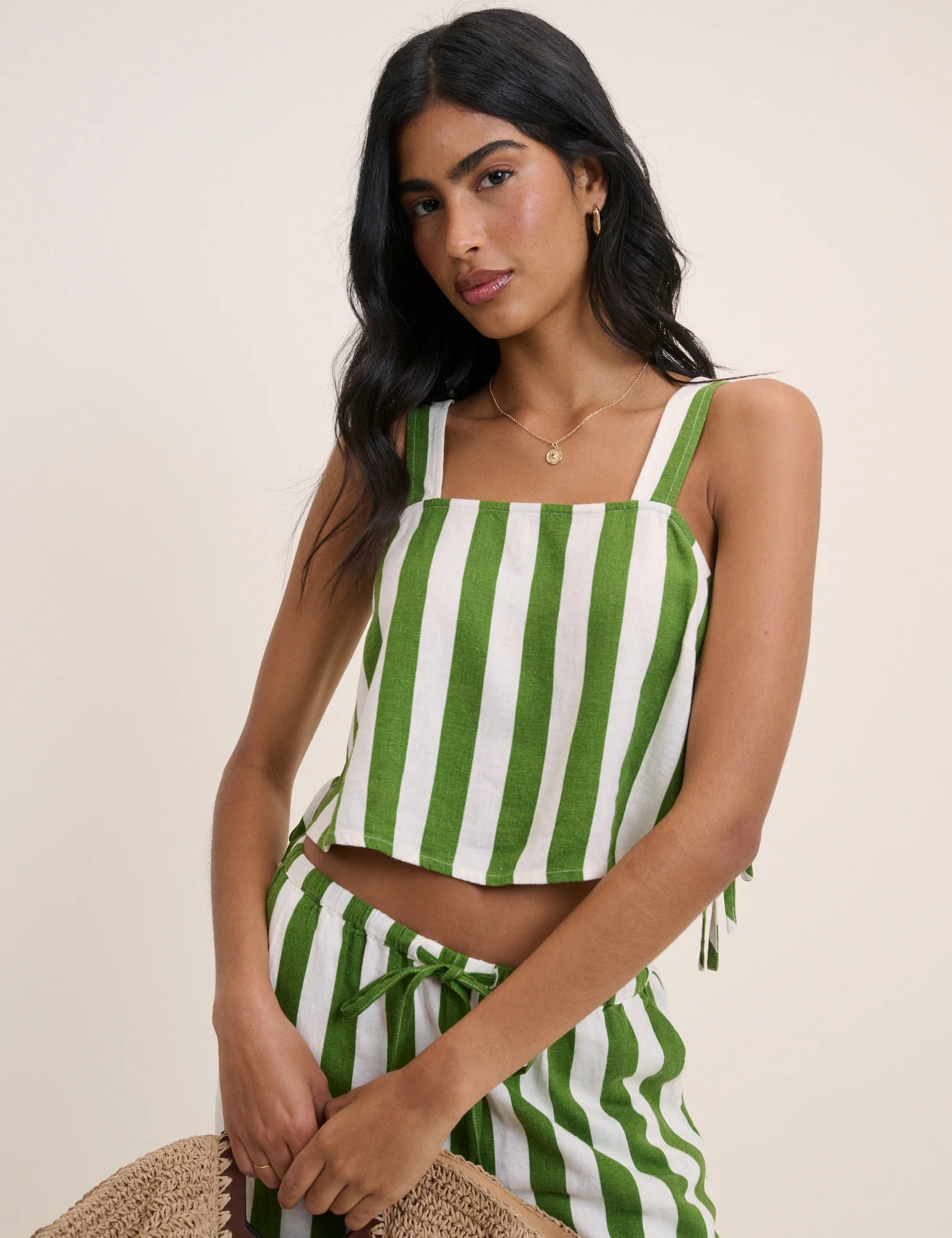 Green Striped Linen-Blend Swing Top | Nobody's Child