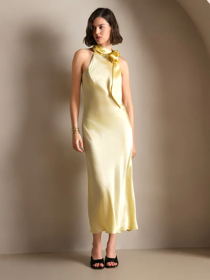 19Momme Silk Tie Neck Dress | SilkSilky