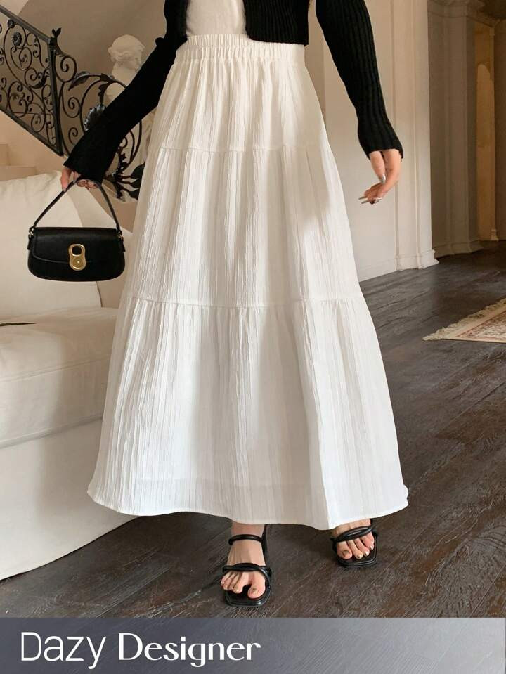 Dazy Designer Solid Elastic Waist Tiered Hem Skirt,Ladies Casual Ruffle Hem Long Loose Natural Wh... | SHEIN