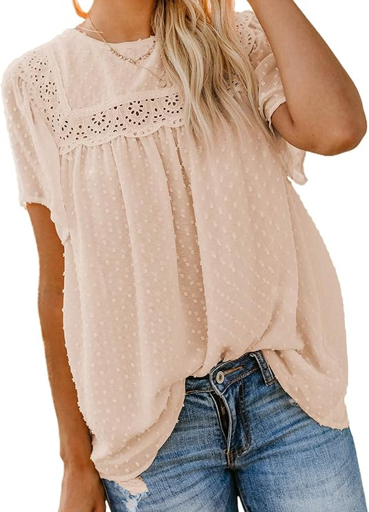 Astylish Women's Crewneck Lace Crochet Pom Pom Flowy Short Sleeve Casual Shirts Blouses Tops(S-XX... | Amazon (US)