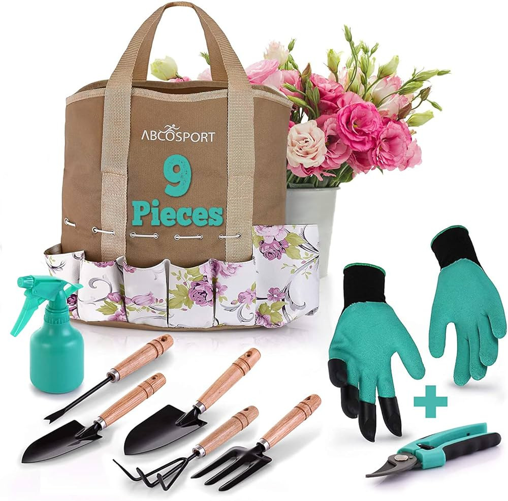 Garden Tools Set - 9 Piece Gardening Kit - Easy to Carry Tote Bag - Pretty Floral Design - Ergono... | Amazon (US)