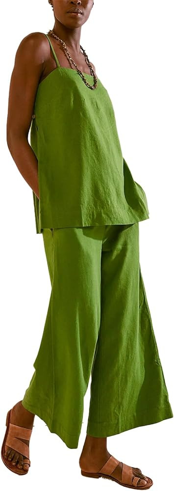 PAODIKUAI Women's 2 Piece Outfits Summer Sets Sleeveless Square Neck Tank Top Wide Leg Pants Matc... | Amazon (US)