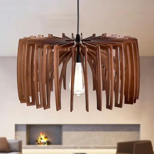 Carina Dark Wood Grain 1-Light Drum Cage Pendant Light - Overstock - 33716860 | Bed Bath & Beyond