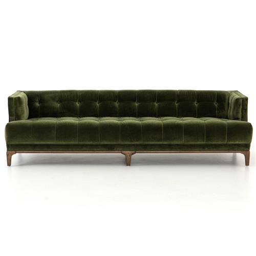 Allen Mid Century Green Velvet Brown Wood Frame Button Tufted Sofa - 91.25"W | Kathy Kuo Home