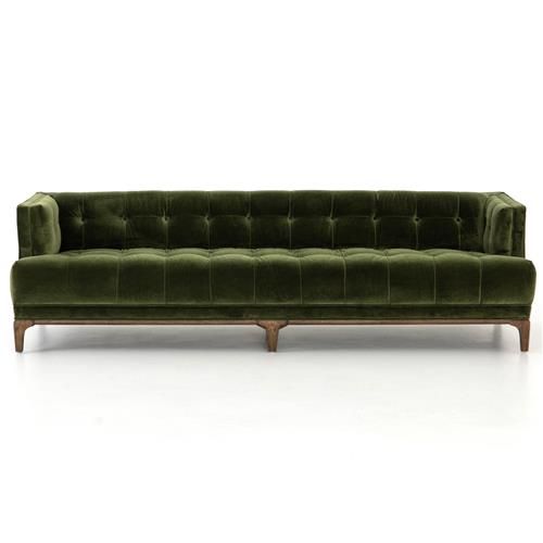 Allen Mid Century Green Upholstered Brown Wood Frame Blind Tufted Sofa - 91"W | Kathy Kuo Home