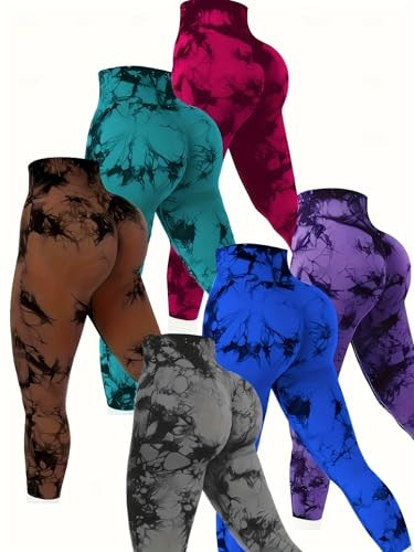 HuayoRong 6 Pack Women's Yoga Workout Leggings High Waist Tie Dye Seamless Scrunch Butt Lifting Athletic Booty Pants (Brown + Green + Purple + Blue + Gray + Rose Red,Medium) | Amazon (US)