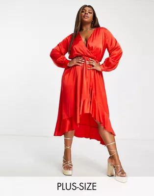 In The Style Plus Exclusive satin wrap detail volume sleeve midi dress with ruffle hem detail in ... | ASOS (Global)