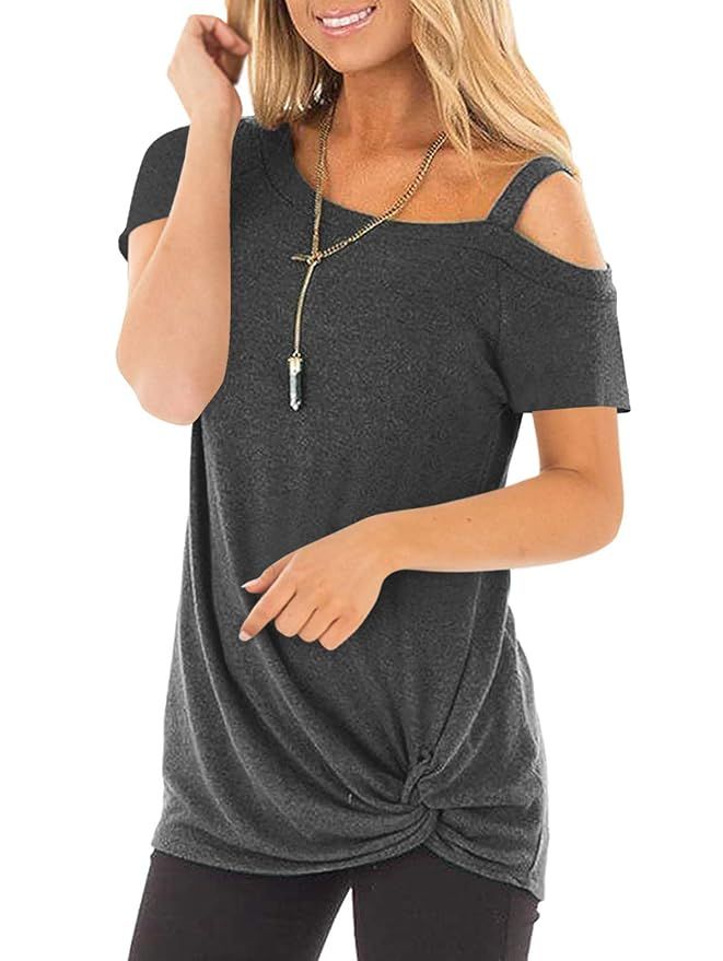 SHIBEVER Summer Soft Loose Casual Women's Tops Shirts Fashion Twist Knotted Blouses Short Sleeve ... | Amazon (US)