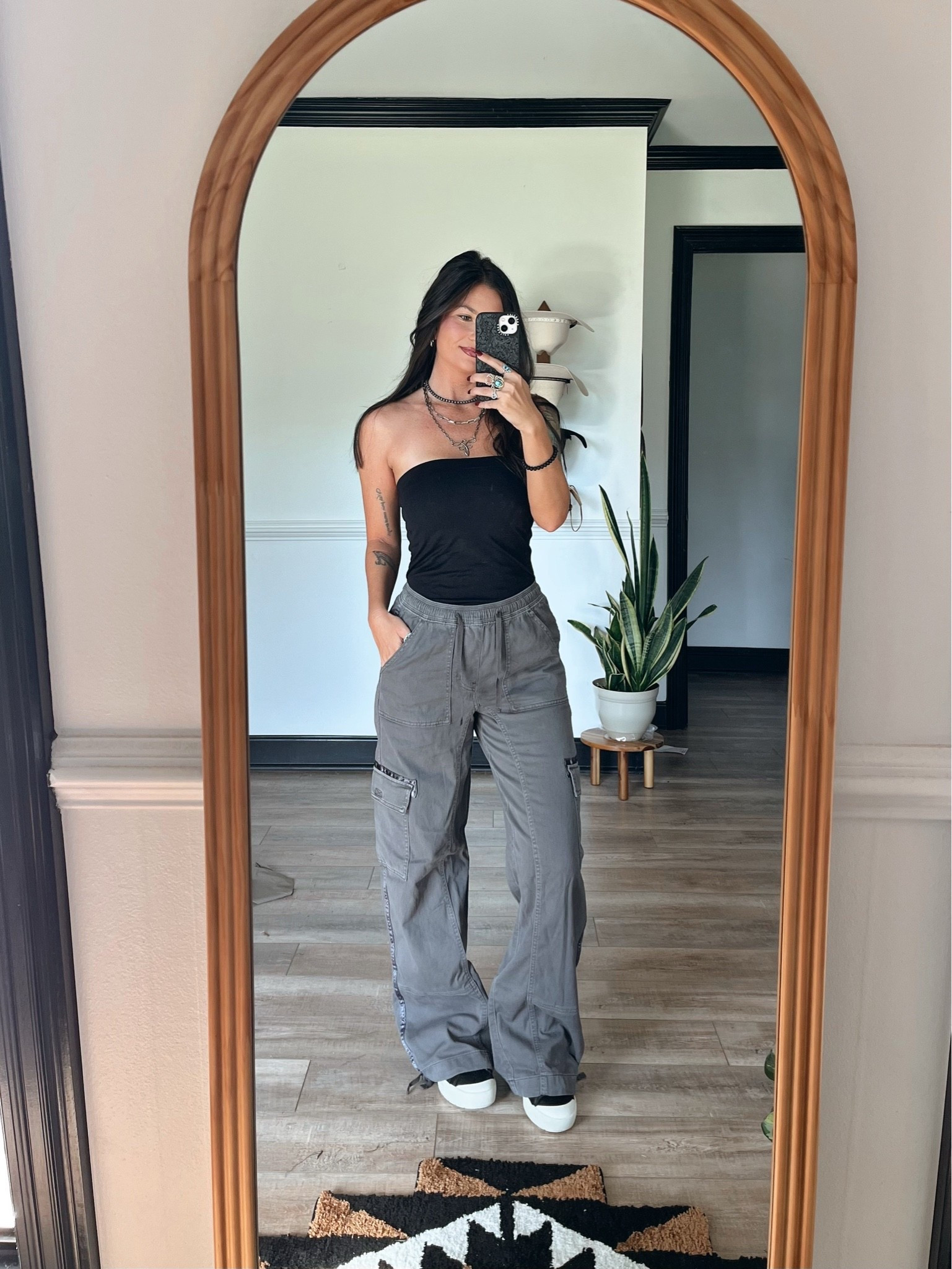 Causal style, gray drawstring waist baggy cargos paired with basic black tube top! Love these platform sneakers. Super comfy! Wearing xs top and bottoms

#LTKgrwm #LTKootd #LTKSeasonal