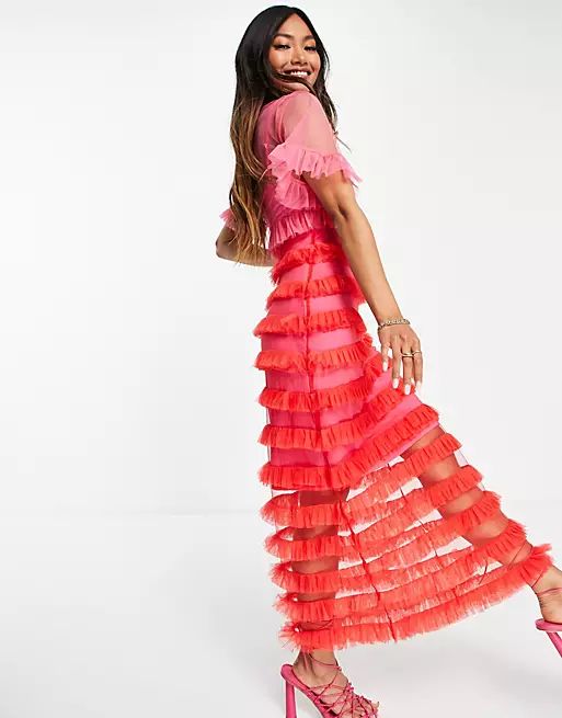 Never Fully Dressed contrast frill midi dress in pink and red | ASOS (Global)