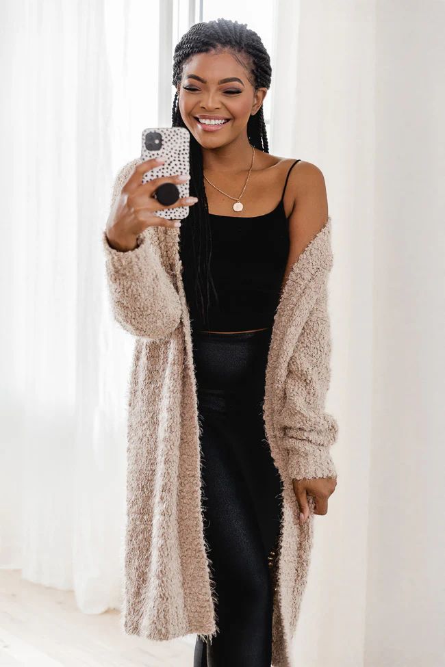 You're A Mind Reader Taupe Fuzzy Cardigan | The Pink Lily Boutique