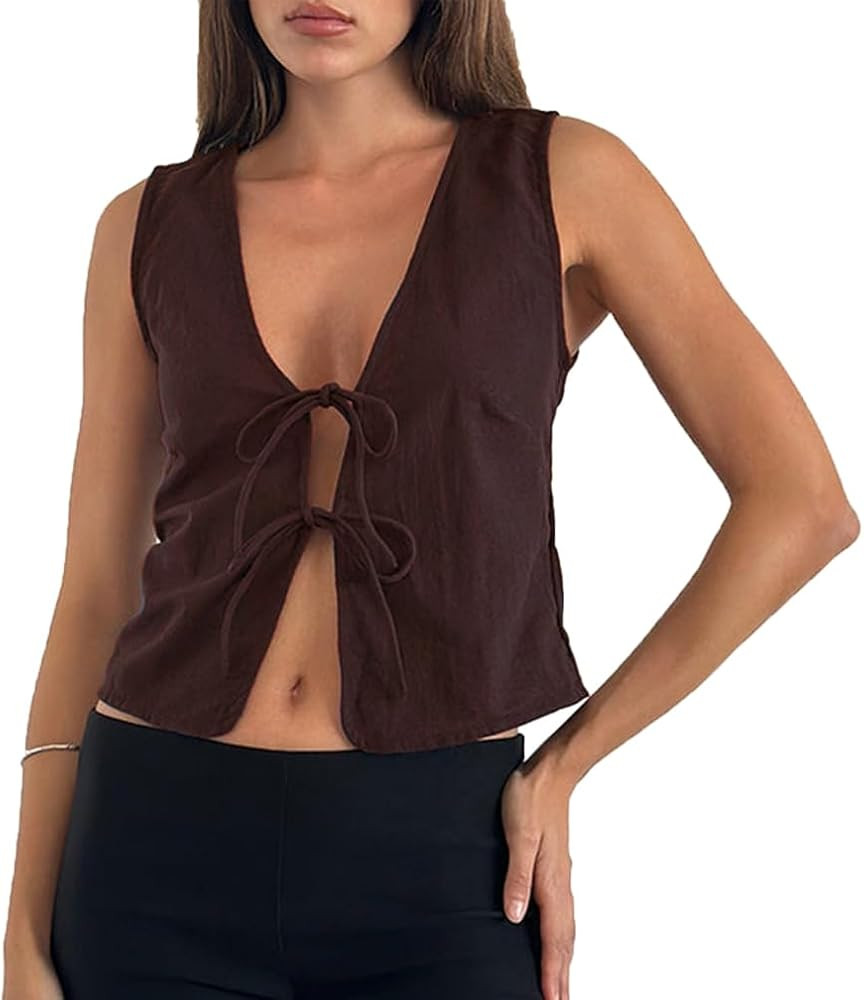 Women Trendy V Neck Bow Tie Front Top Vests Casual Solid Sleeveless Open Front Lace Up Cropped Ta... | Amazon (US)