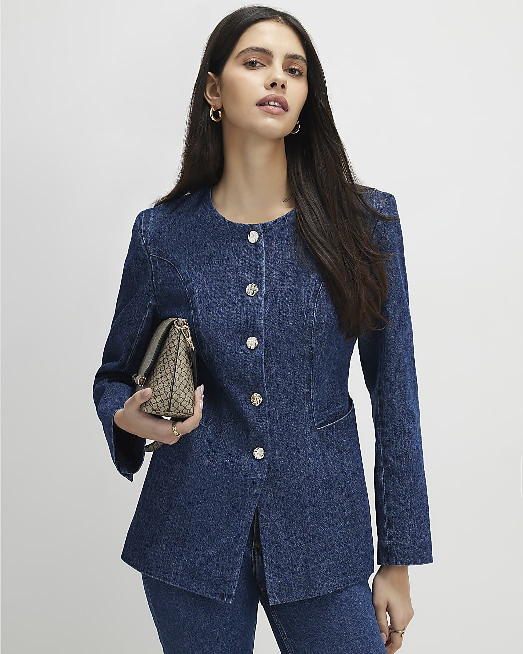 Blue Denim Collarless Trophy Jacket | River Island UK & IE
