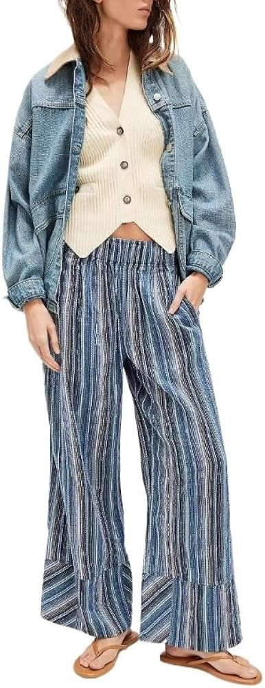 Obenie Women's Wide Leg Casual Striped Pants Elastic Low Waist Loose Pants Y2K Striped Casual Pan... | Amazon (US)