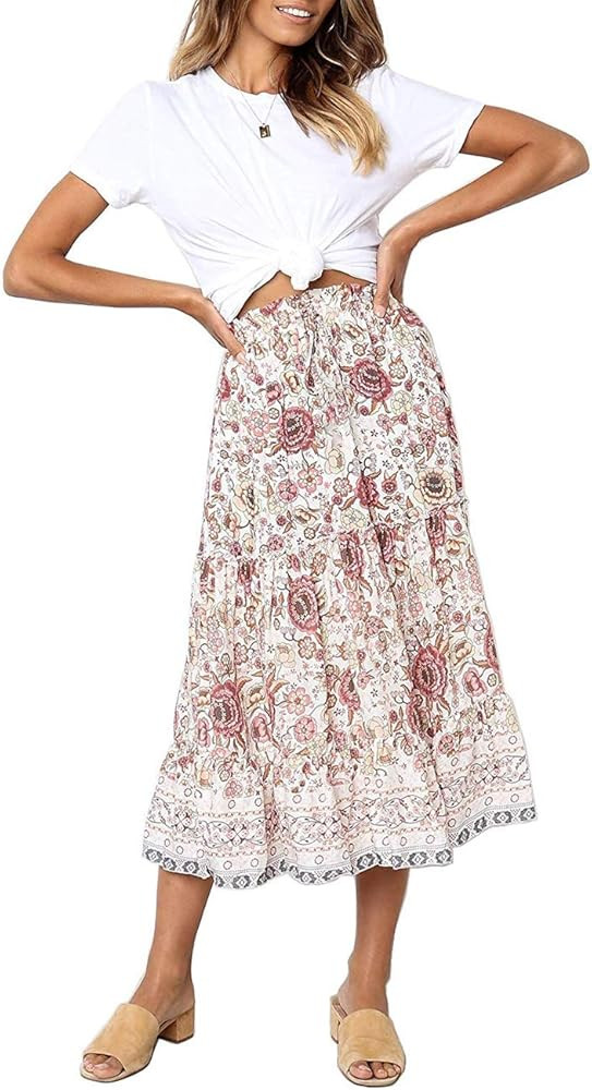 MEROKEETY Women's Boho Floral Print Elastic High Waist Pleated A Line Midi Skirt with Pockets | Amazon (US)