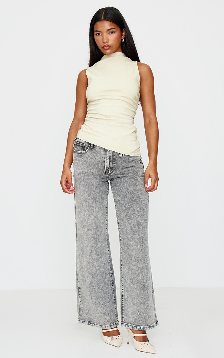 Stone High Neck Ruched Asymmetrical Long Top | Pretty Little Thing (Australia & New Zealand)