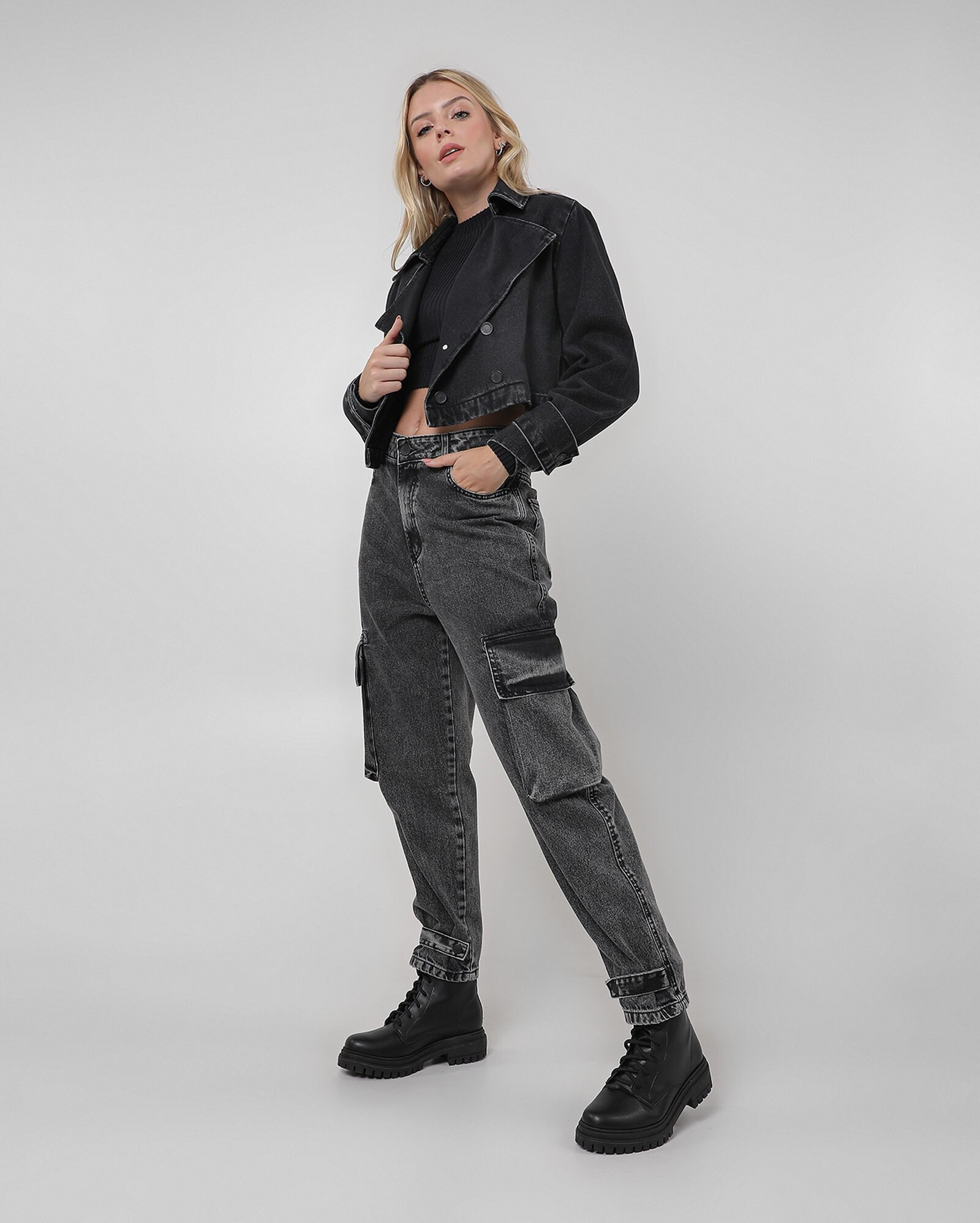 Calça black jeans feminina balloon cintura alta cargo | Pool by Riachuelo | Riachuelo (BR)