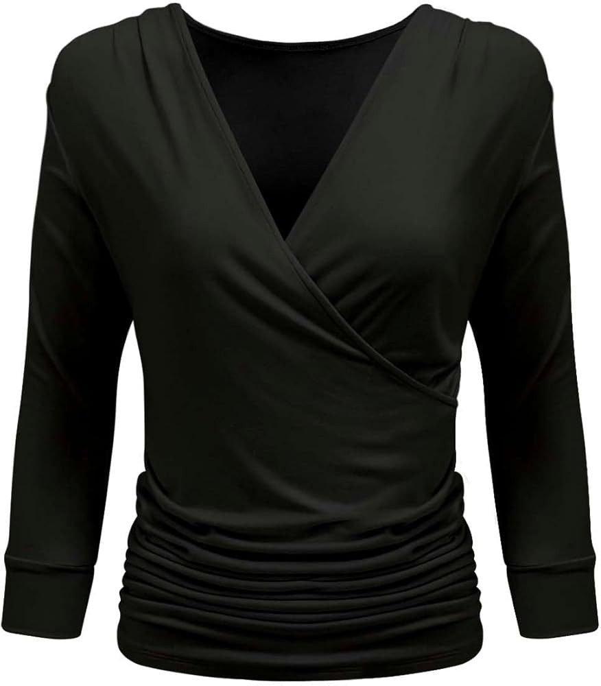 Women's Deep V Neck 3/4 Sleeve Cross Surplice Wrap Tops (S-3XL) | Amazon (US)