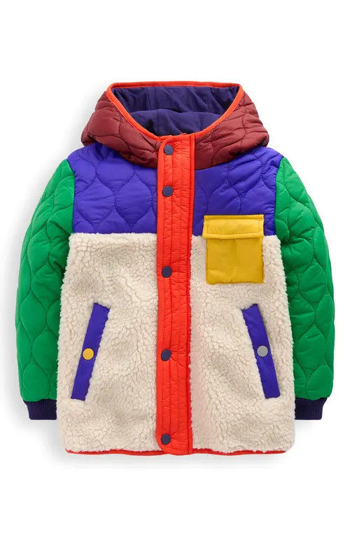 Mini Boden Kids' Colorblock Mixed Media Hooded Jacket in Natural Borg at Nordstrom, Size 2-3Y | Nordstrom
