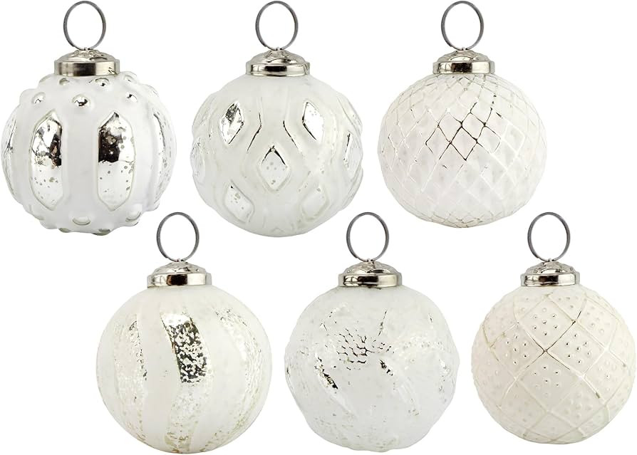 AuldHome Farmhouse Ball Ornaments (Set of 6, White); Distressed Metal Glass Ball Vintage Style Ch... | Amazon (US)