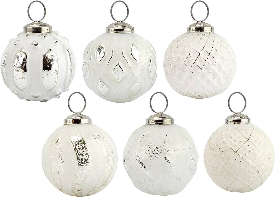 AuldHome Farmhouse Ball Ornaments (Set of 6, White); Distressed Metal Glass Ball Vintage Style Ch... | Amazon (US)