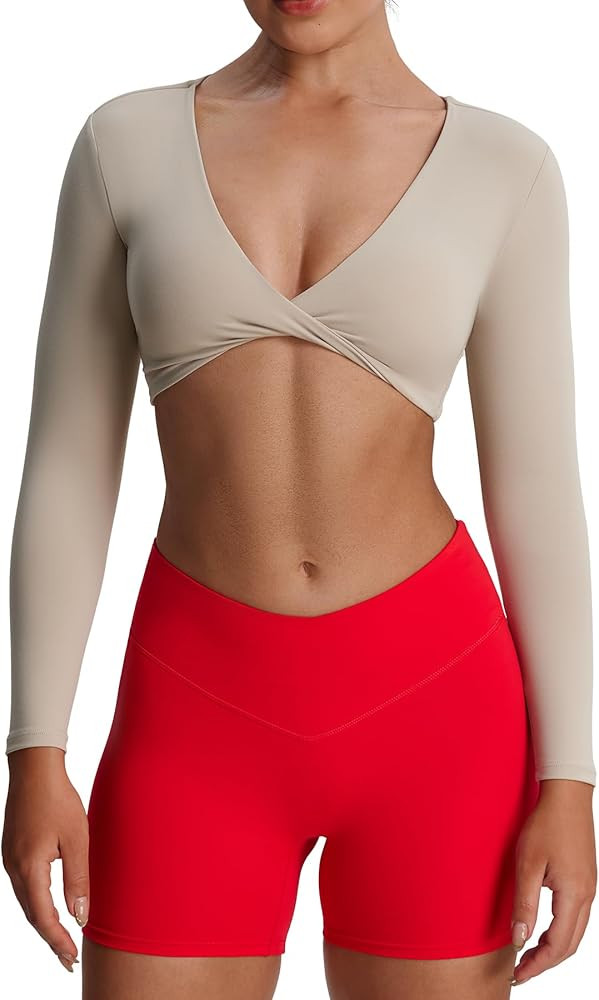 Aoxjox Long Sleeve Crop Tops for Women Sienna Twist Deep V Workout Cropped T Shirt Top | Amazon (US)