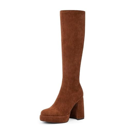 Modatope Knee High Boots for Women Platform Brown Suede Boots Womens Platform Chunky Heel Boots Women High Heel Rounded Toe Side Zipper Tall Boots Size 6.5 | Amazon (US)