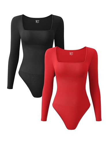OQQ Women's 2 Piece Bodysuits Sexy Ribbed One Piece Square Neck Long Sleeve Tops Black Red | Amazon (US)