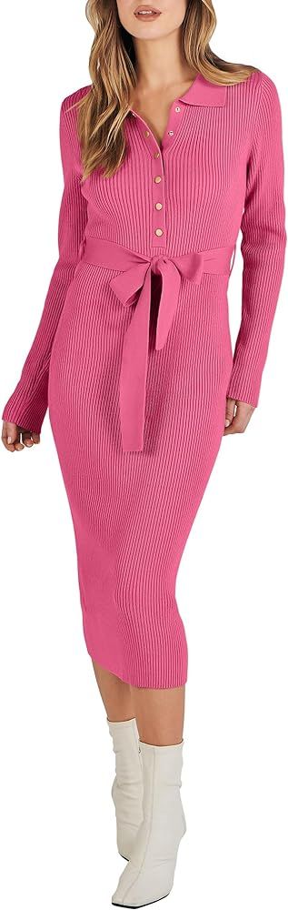 ANRABESS Women's V Neck Long Sleeve Bodycon Sweater Dress 2023 Fall Button Up Tie Waist Sexy Ribb... | Amazon (US)