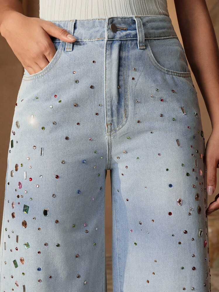 Anewsta New Sparkling Colorful Diamond Embellished Women's Straight Leg Jeans, Suitable For Valentine's Day Party, Blue | SHEIN