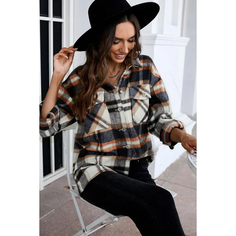 Dokotoo Women Fall Plaid Jacket Shirt Coats Casual Jackets in Plus Size Brown Fashion Outerwear -... | Walmart (US)
