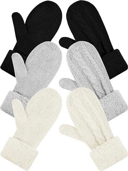 SATINIOR 3 Pairs Women's Winter Knit Mittens Gloves Warm Soft Lining Gloves Thick Wool Gloves for Wi | Amazon (US)