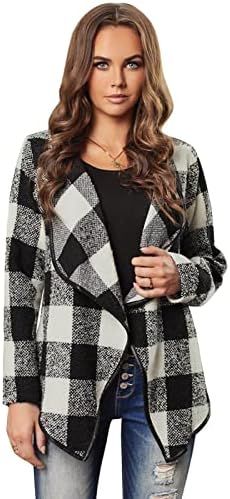 Coats for Women,Plaid Long Sleeve Asymmetric Collar Open Front Coat,Black,S | Amazon (US)