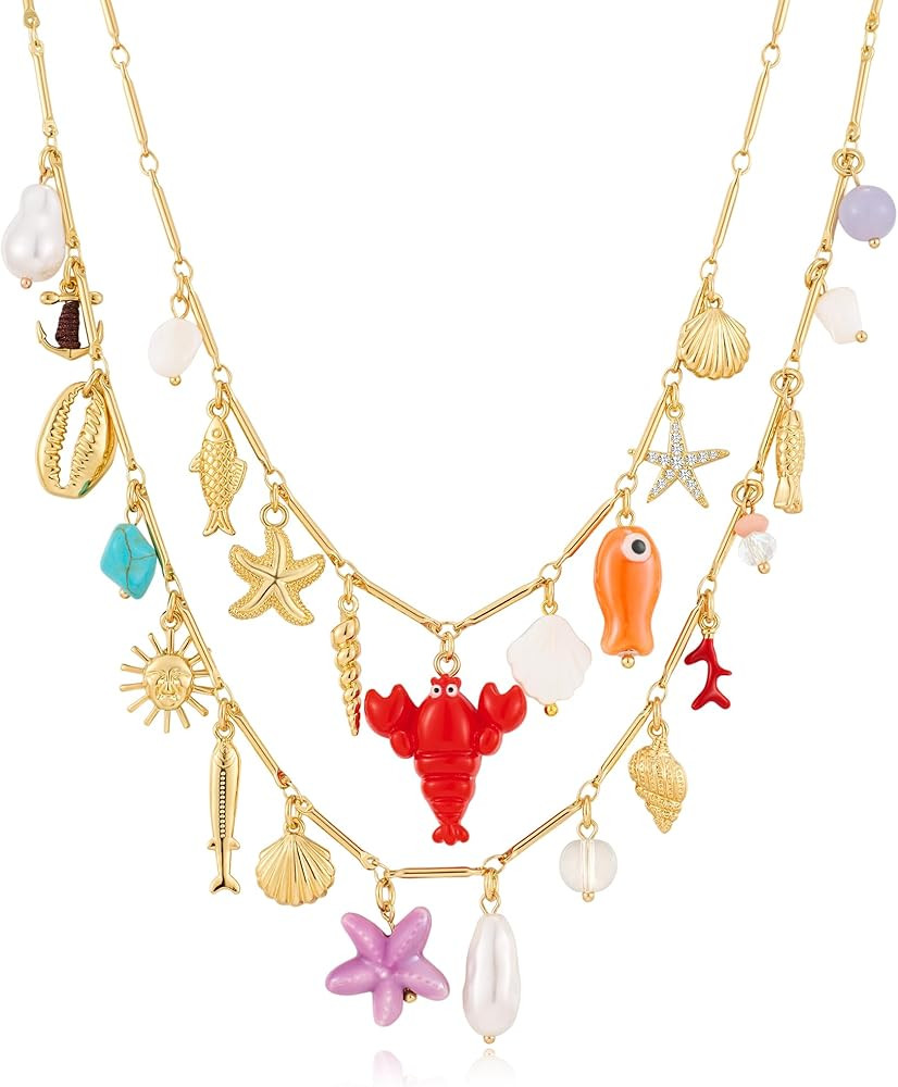 Sea Shell Necklace For Women With Two Layered Necklace Starfish Necklaces Seashell Summer Beach S... | Amazon (US)