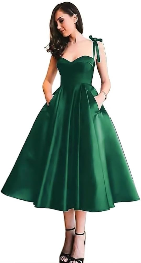 MuXiuFC Sweetheart Spaghetti Straps Prom Dresses 2023 Satin Tea Length A-Line Corest Evening Form... | Amazon (US)