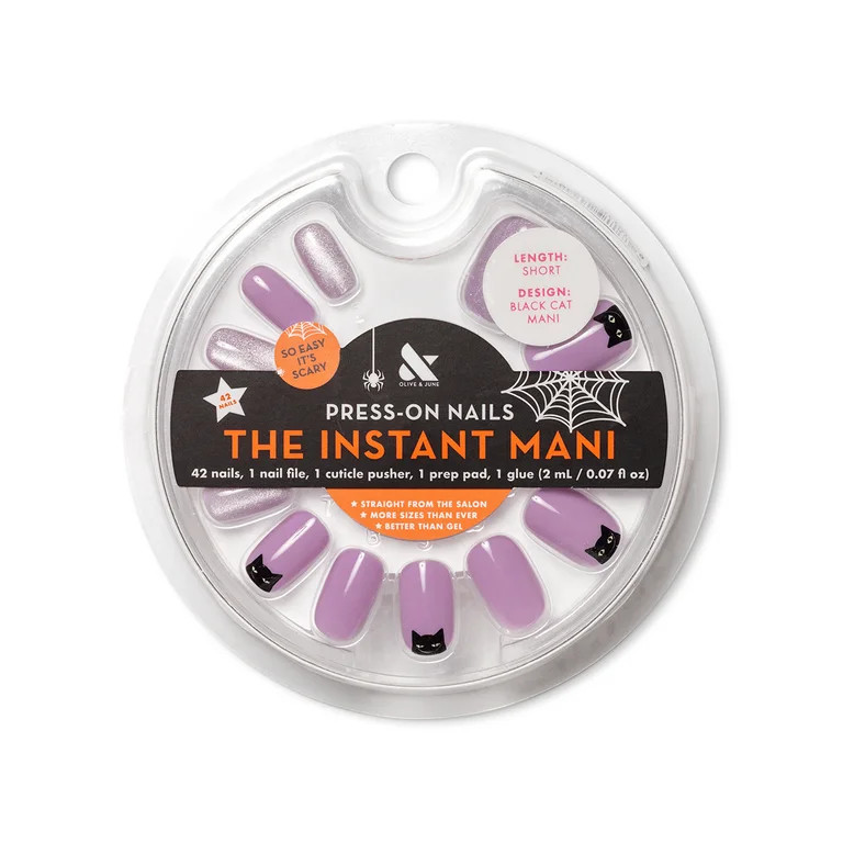 Olive & June Press Squoval Short, Black Cat Mani, 42 Ct | Walmart (US)
