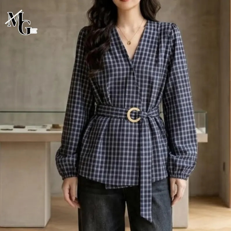 Plaid Waist Shirt | Long Sleeve Tie Top | Daily Wear | Soft Casual Style | Etsy (Global)