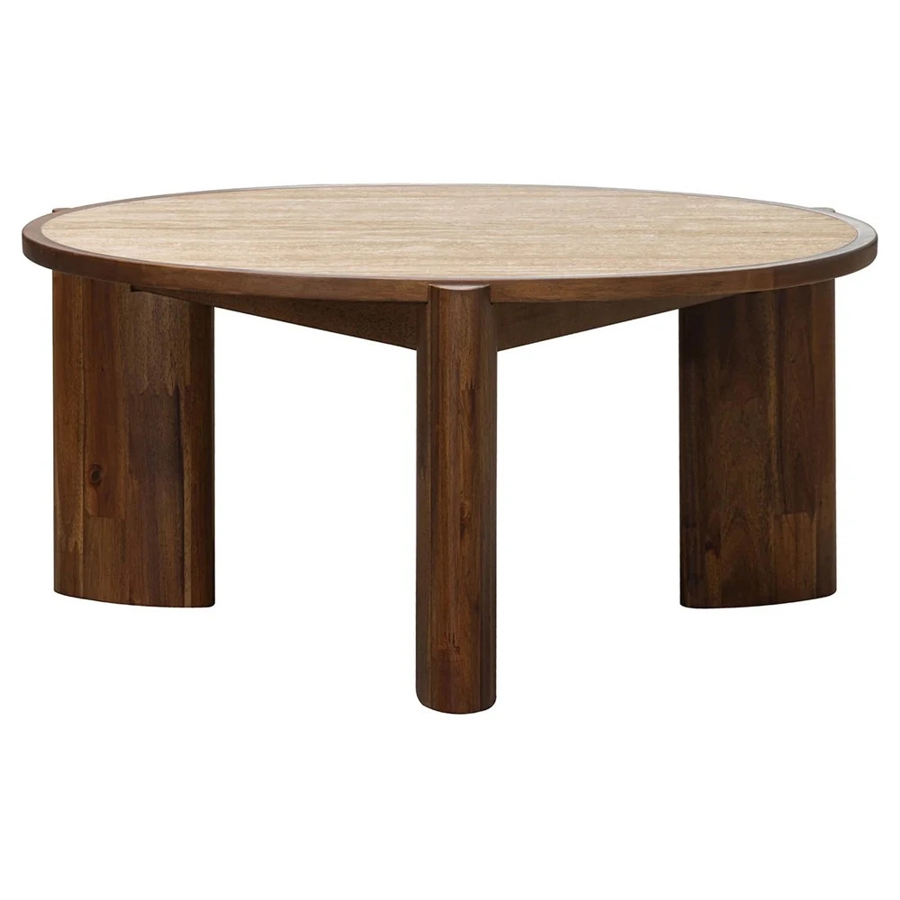 Tilly Modern Classic Travertine Acacia Wood Round Coffee Table | Kathy Kuo Home