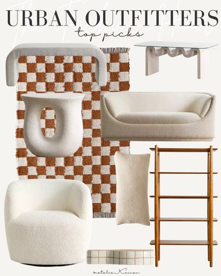 Urban outfitters top home picks!! Table. Sherpa chair. Barrel chair. Bookcase. Checkered area rug. Glass coffee table. Cream furniture. Neutral furniture. Bench. 

#LTKstyletip #LTKhome #LTKSale