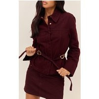 Burgundy Concealed Placket Crop Belted Denim Jacket | PrettyLittleThing US
