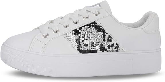 LUCKY STEP Women Rivet Stud Platform Sneakers - White Tennis Snake Leopard Student Low Top Casual... | Amazon (US)