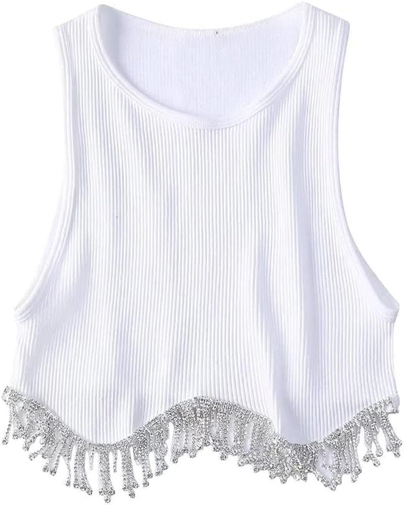 Meihuida Women Rhinestone Fringe Crop Tank Top Sexy Sleeveless Crew Neck Ribbed Knit Vest | Amazon (US)