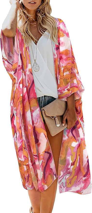 MayBuy Women's Summer Long Flowy Kimono Cardigans Boho Chiffon Beach Cover Up Tops | Amazon (US)