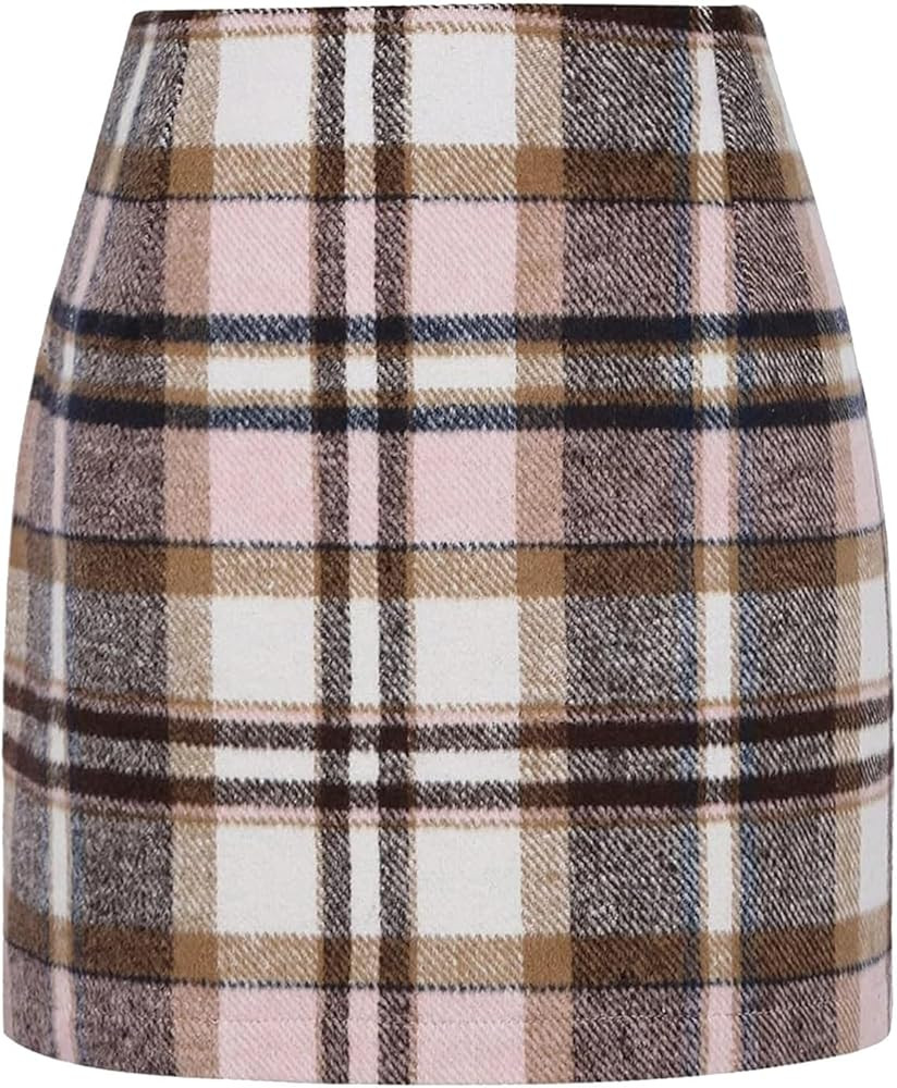 onlypuff Fall Plaid Skirts for Women High Waist Bodycon Mini Skirt Ladies Above The Knee Dress Fa... | Amazon (US)