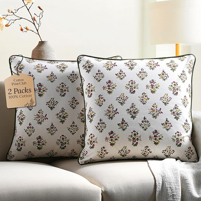 CPC 100% Cotton Throw Pillow Covers 18x18 Inch, Set of 2 Green Block Print Pattern Couch Pillow, ... | Amazon (US)