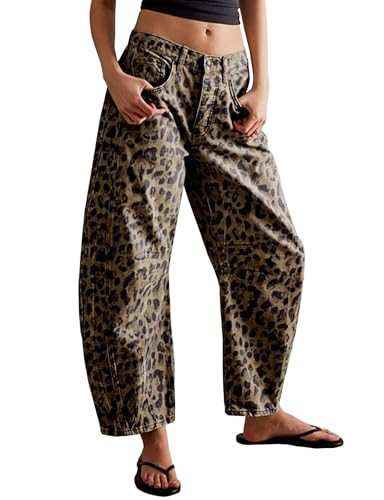 LONGBIDA Leopard Printed Barrel Jeans for Women Trendy Horseshoe Boyfriend Mid Rise Loose Denim Pants(Leopard Print,XXL) | Amazon (US)