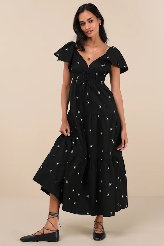 Definite Sweetness Black Embroidered Tiered Midi Dress | Lulus